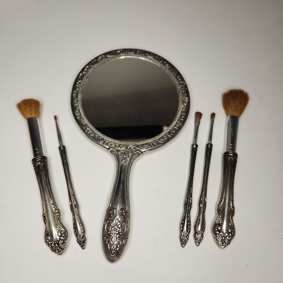 vintage silver plated vanity hand mirror and makeup brush set